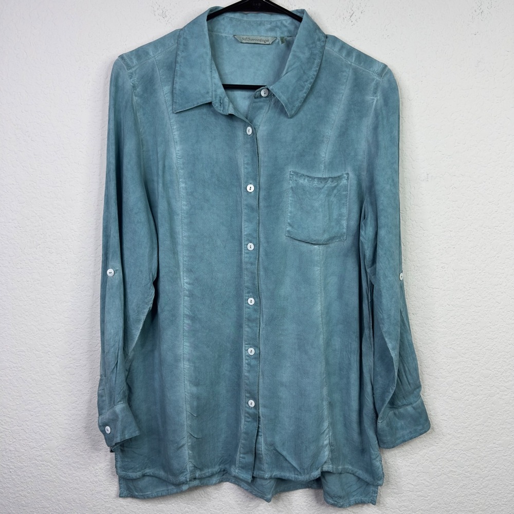 Soft Surroundings Shirt Women L Blue Button Tie Dye Coastal Boho Hippie Festival